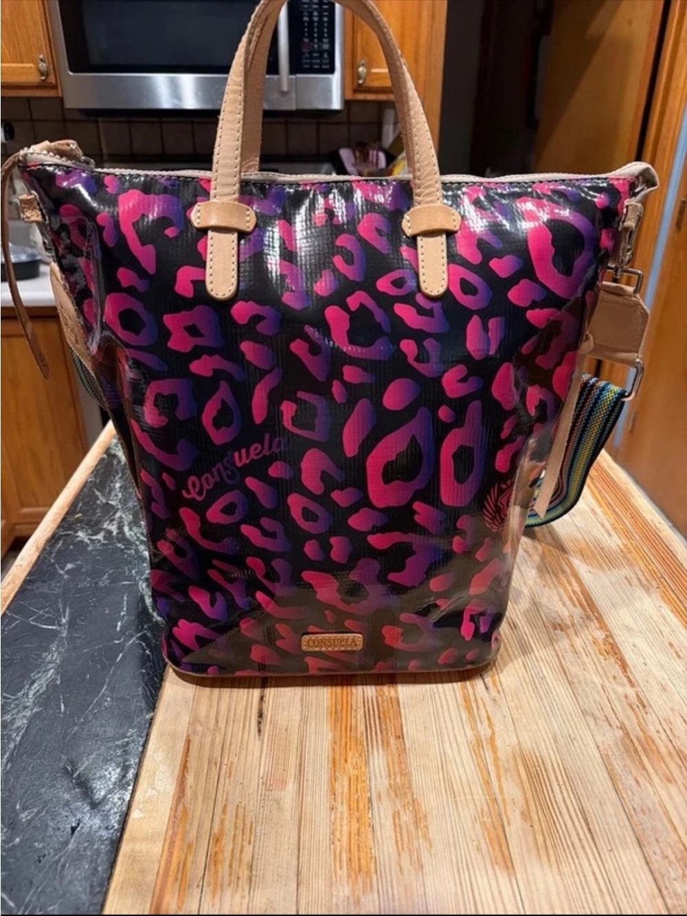 Consuela Pink and Black Leopard-Print Tote with Tan Handles